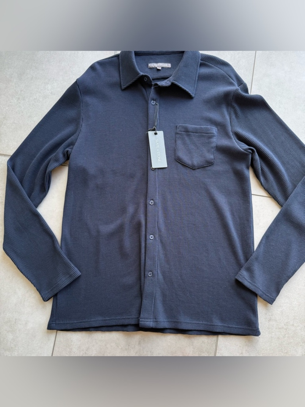 Slates & Stone polo shirt sweater Large Long Sleeve texture  Button down Navy